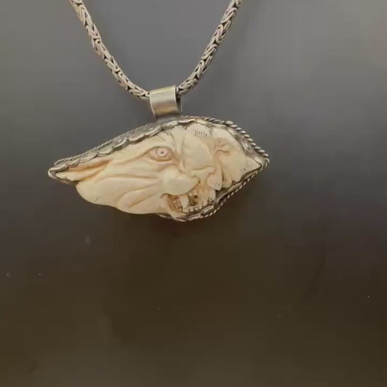Yak bone tiger pendant, set Tibetan silver