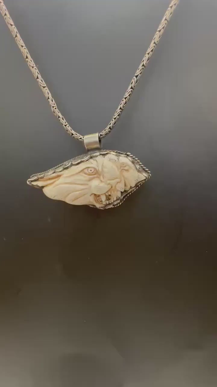 Yak bone tiger pendant, set Tibetan silver