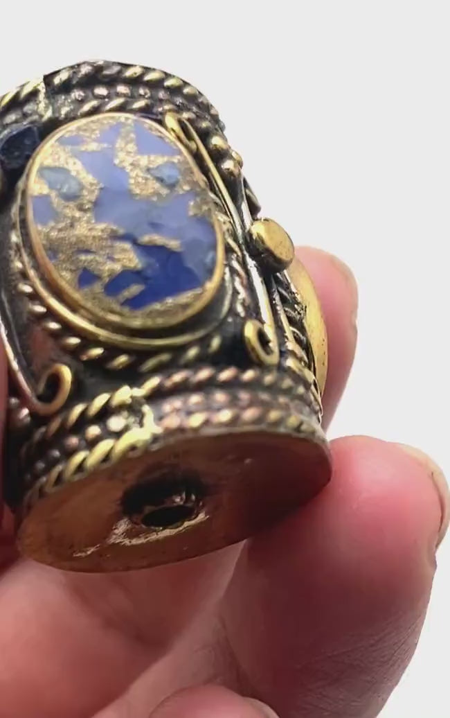 Handcrafted Brass & Lapis Bead: Ethnic Tribal Jewelry (38mmX25mm, 17gm)