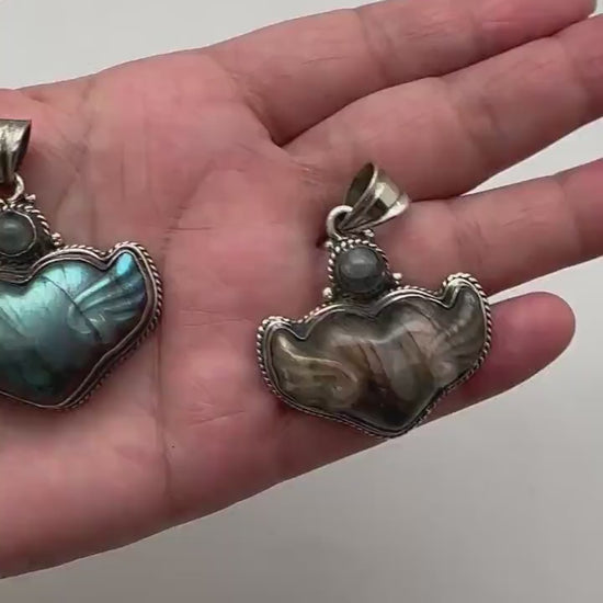 Carved Labradorite Winged Heart Pendant, Blue Golden Flash, Tibetan Silver, Artisan Boho Jewelry