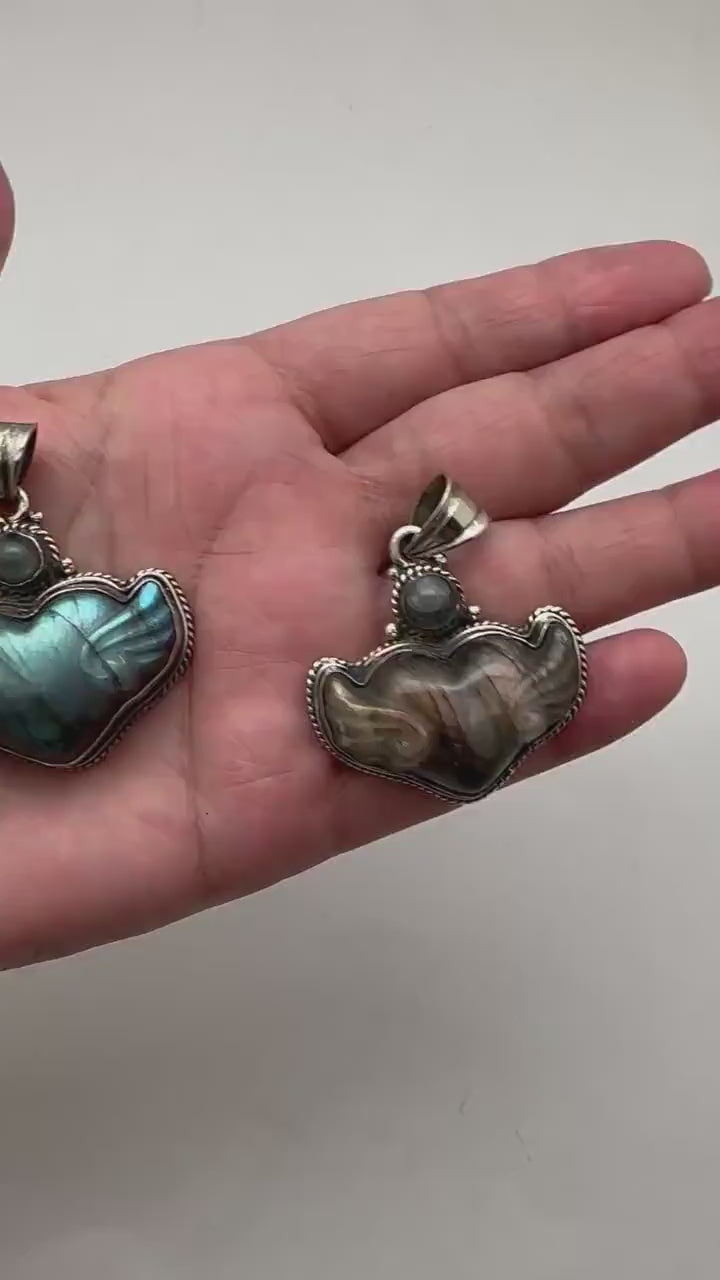 Carved Labradorite Winged Heart Pendant, Blue Golden Flash, Tibetan Silver, Artisan Boho Jewelry