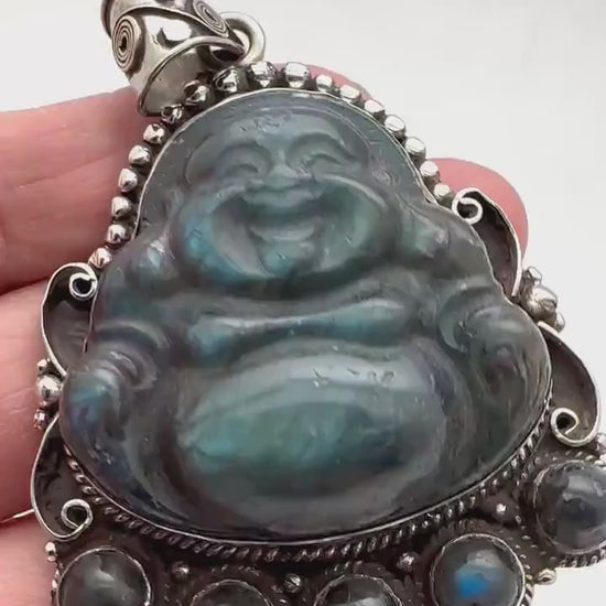 Carved Labradorite Laughing Buddha Pendant, Tibetan Silver Amulet, Luck Prosperity (67mmX46mm)