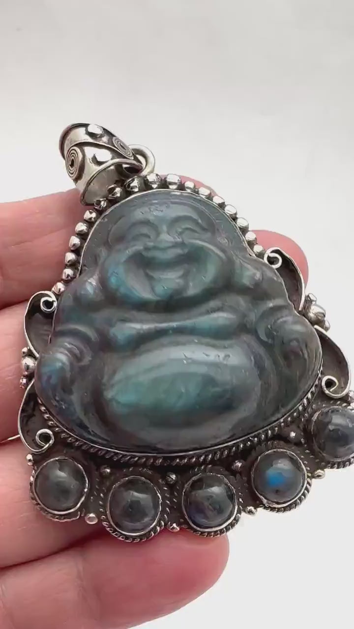 Carved Labradorite Laughing Buddha Pendant, Tibetan Silver Amulet, Luck Prosperity (67mmX46mm)