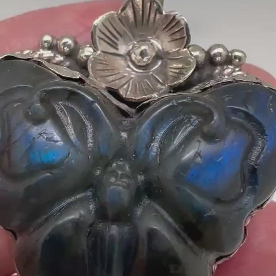 Handcrafted,Labradorite carved butterfly pendant, Tibetan  silver,39.7mmX35mm