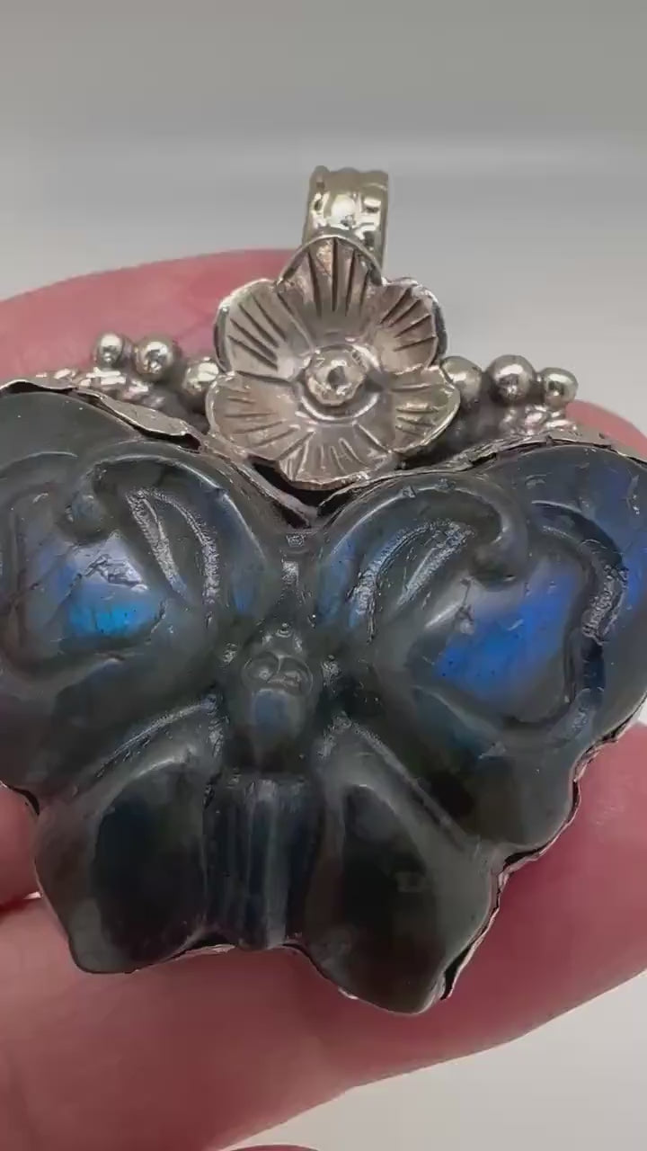 Handcrafted,Labradorite carved butterfly pendant, Tibetan  silver,39.7mmX35mm