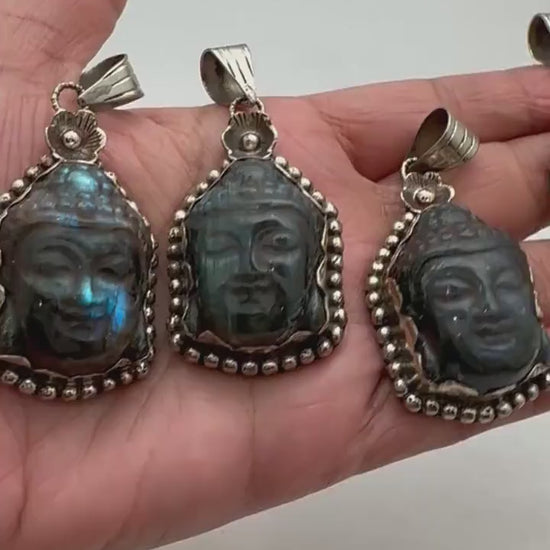 Buddha pendant, labradorite carved, handcrafted,Tibetan silver,spiritual,meditation, amulet,58mmX29mm