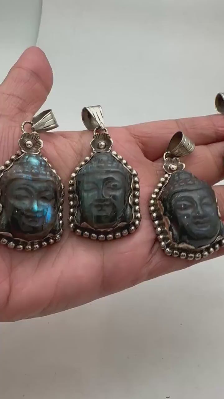 Buddha pendant, labradorite carved, handcrafted,Tibetan silver,spiritual,meditation, amulet,58mmX29mm