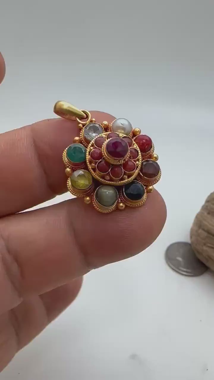Navaratna pendant, sterling silver, gold plated,handcrafted, flower,natural stone, nine planet gem stone,semi precious stone