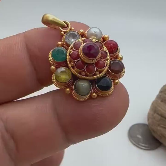 Navaratna ,Gemstone Earring, Gold Plated Sterling Silver Flower