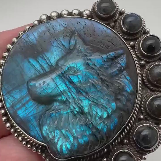 Wolf pendant, labradorite carved,handcrafted, Tibetan silver,67mmX56.7mm and weighs 54 gm