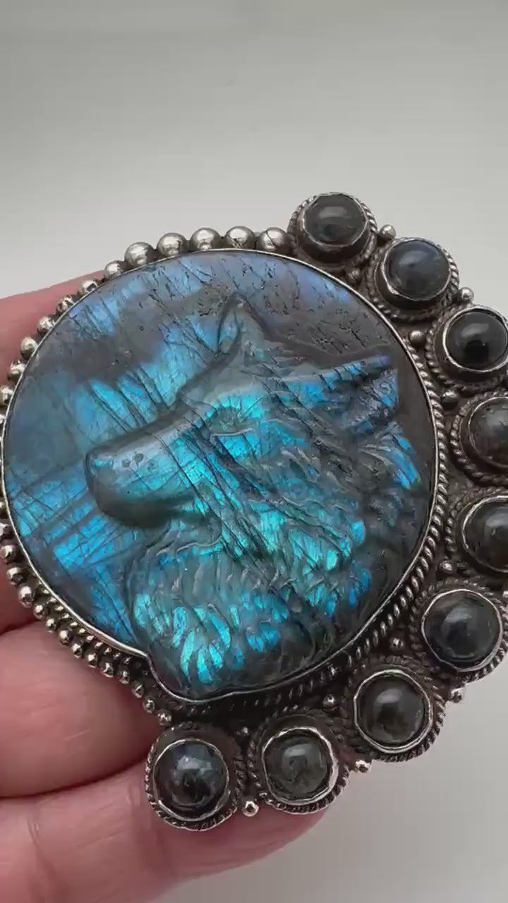 Wolf pendant, labradorite carved,handcrafted, Tibetan silver,67mmX56.7mm and weighs 54 gm
