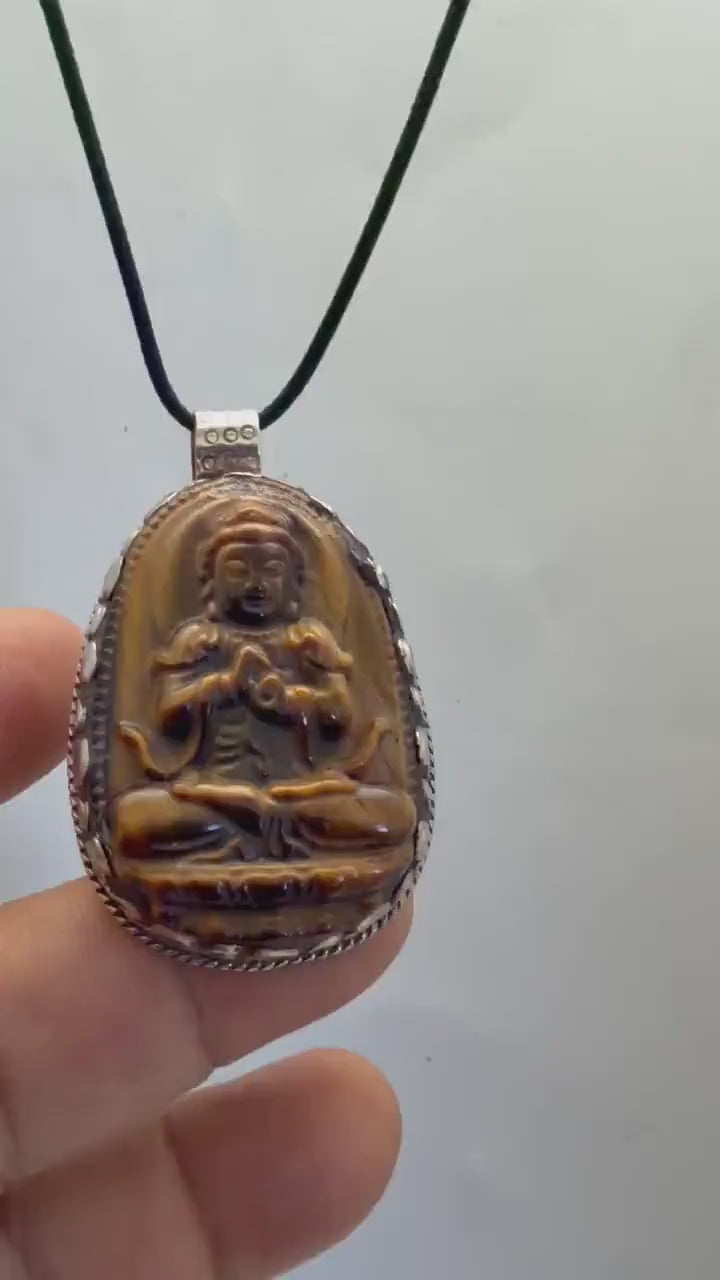 Tiger eye stone Buddha , master handcrafted with Tibetan silver