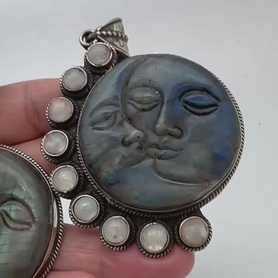 Labradorite carved sun and moon face pendant,  moonstone,handcrafted,tibetan silver,78mmX53.9mm