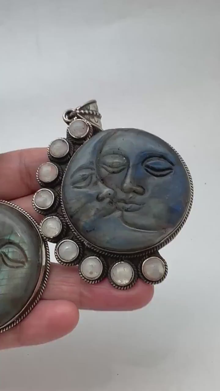 Labradorite carved sun and moon face pendant,  moonstone,handcrafted,tibetan silver,78mmX53.9mm