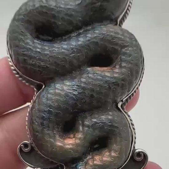 carved labradorite  Snake Pendant, Floral Tibetan Repoussé Silver, Handcrafted, Nepal, 88.5mmX31mm, weighs about 57gm
