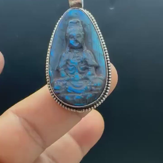 Labradorite Kwan Yin Pendant: Handcrafted Tibetan Silver, Nepalese