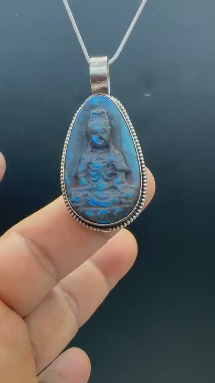 Labradorite Kwan Yin Pendant: Handcrafted Tibetan Silver, Nepalese