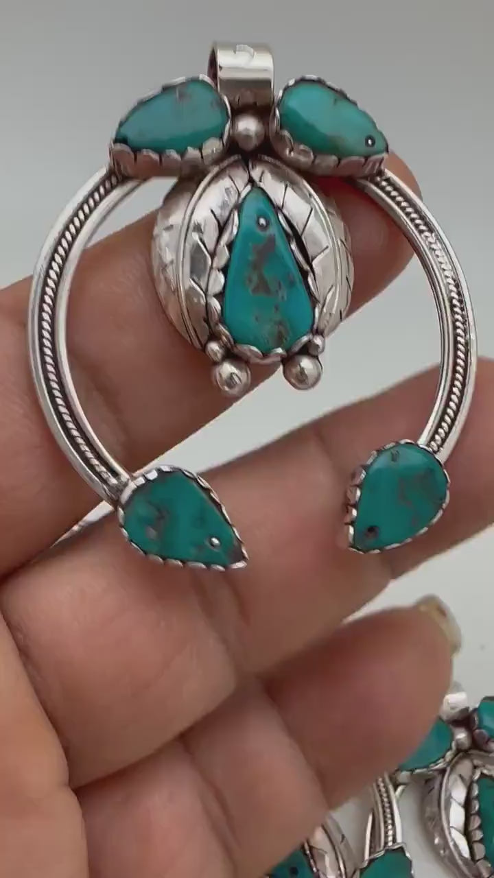 Squash Blossom pendant,sterling silver,, turquoise pendant,natural stone, handcrafted