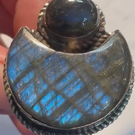 Labradorite ring,half moon ring,set with labradorite Tibetan silver ,adjustable , handcrafted,ethnic style Nepalese