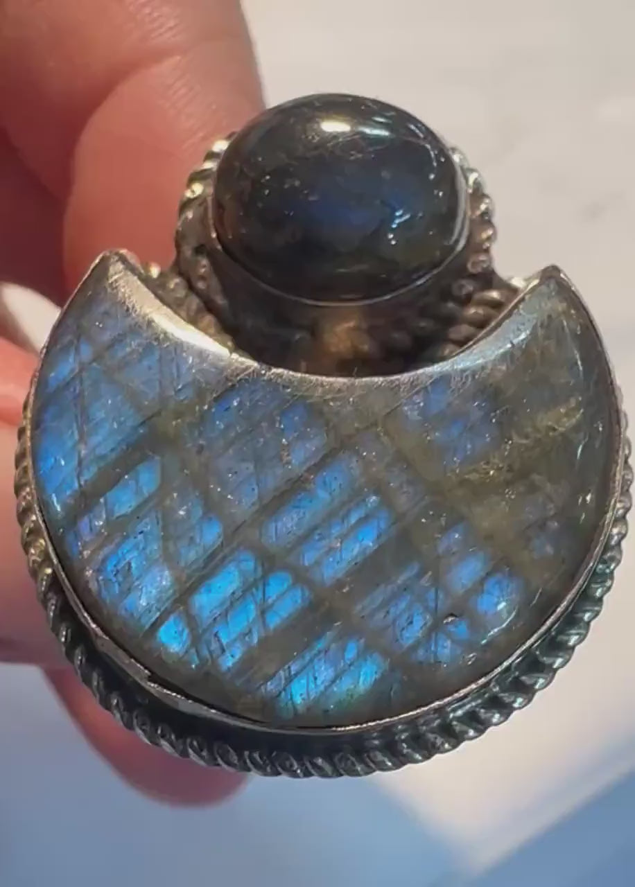 Labradorite ring,half moon ring,set with labradorite Tibetan silver ,adjustable , handcrafted,ethnic style Nepalese
