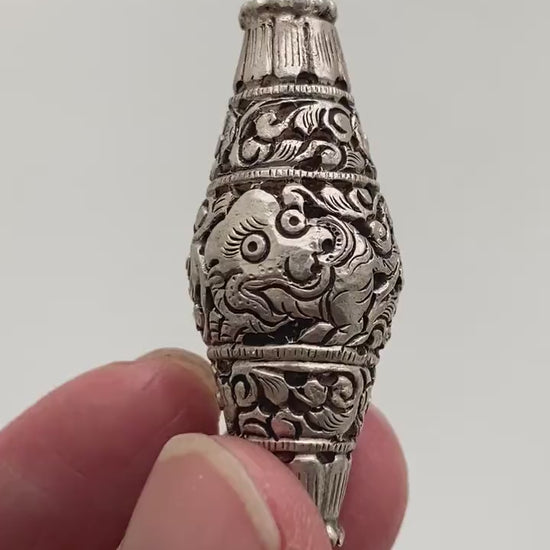 Handcrafted Sterling Silver Tube Bead: Nepalese Fu Dog Floral Design