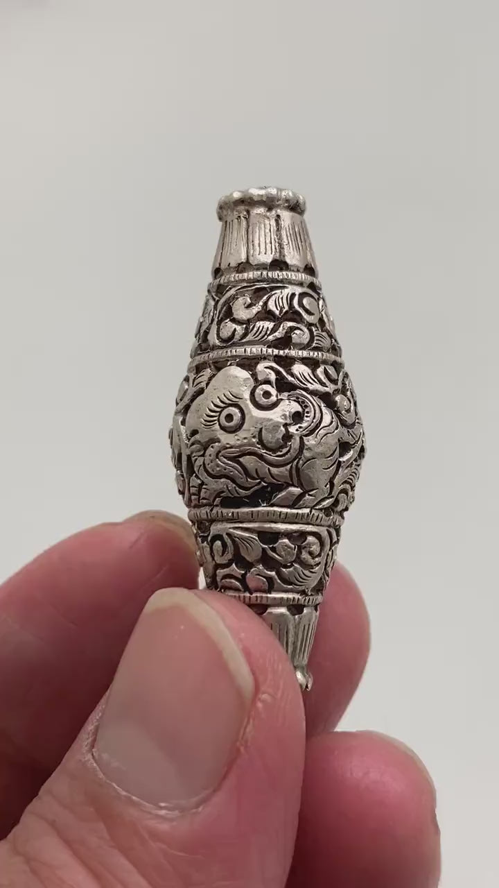 Handcrafted Sterling Silver Tube Bead: Nepalese Fu Dog Floral Design