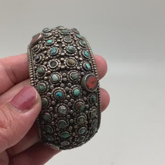 turquoise,coral bangle,cuff bracelet, handcrafted,ethnic design,tibetan silver,ethnic design,tibetan design,himalayan,Nepalese