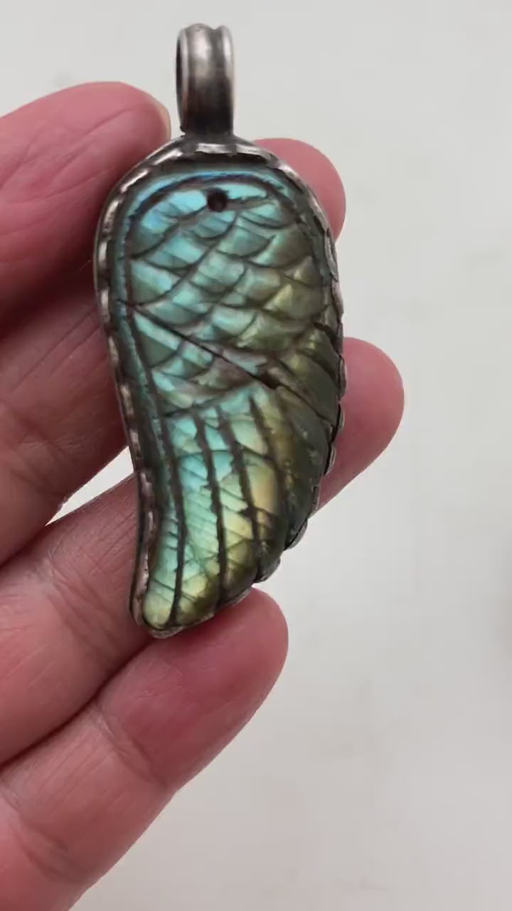 labradorite carved wing pendant, handcrafted, Sterling silver, Nepalese