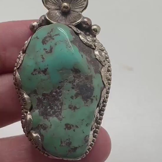 Turquoise pendant, handcrafted,Tibetan reposse silver, floral design, ethnic style