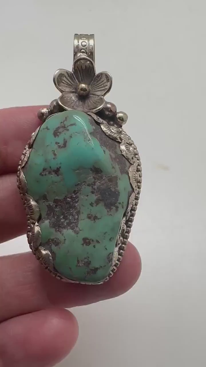 Turquoise pendant, handcrafted,Tibetan reposse silver, floral design, ethnic style