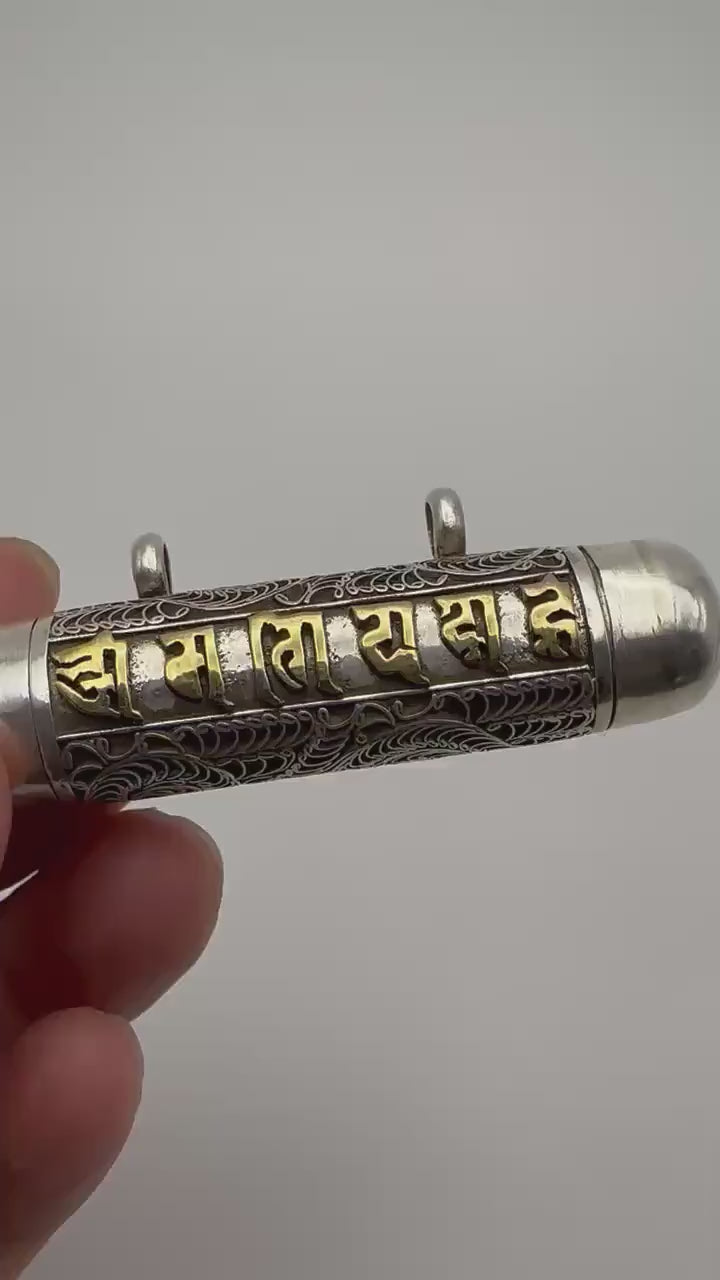 Sterling Silver Ghau Prayer Box Locket: Engraved Buddhist Mantra