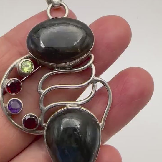 labradorite pendant, large pendant, handcrafted,multiple stones, sterling silver, Nepalese