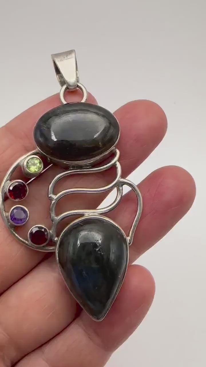 labradorite pendant, large pendant, handcrafted,multiple stones, sterling silver, Nepalese