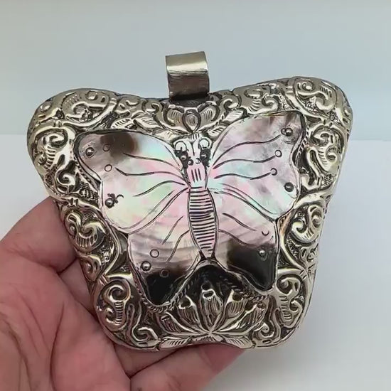 Large abalone Butterfly, mother of pearl, handcrafted, Tibetan silver, Nepalese, ethnic style, Bug pendant