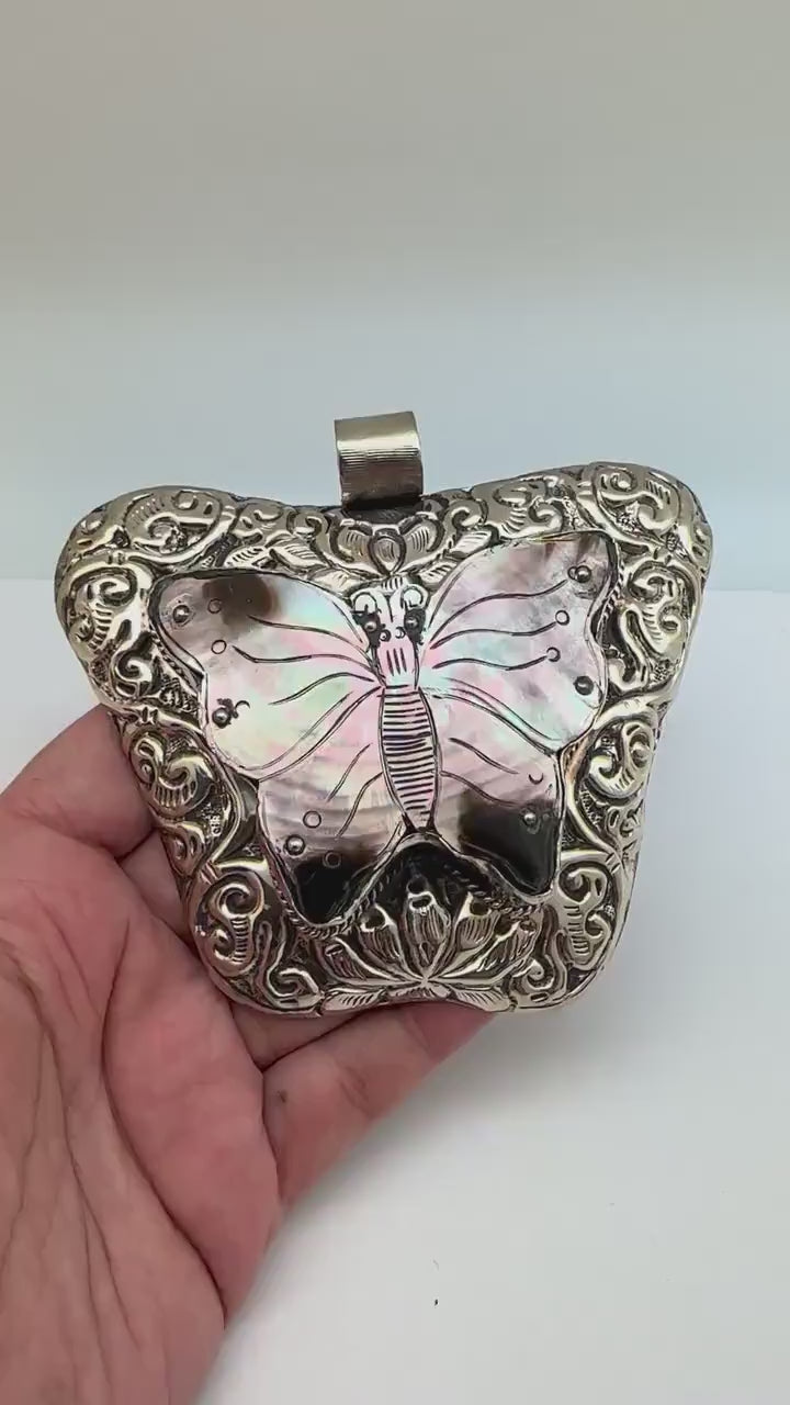 Large abalone Butterfly, mother of pearl, handcrafted, Tibetan silver, Nepalese, ethnic style, Bug pendant