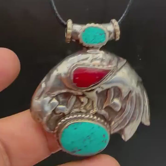 Bird pendant, inlaid turquoise and coral, master handcrafted with Tibetan silver