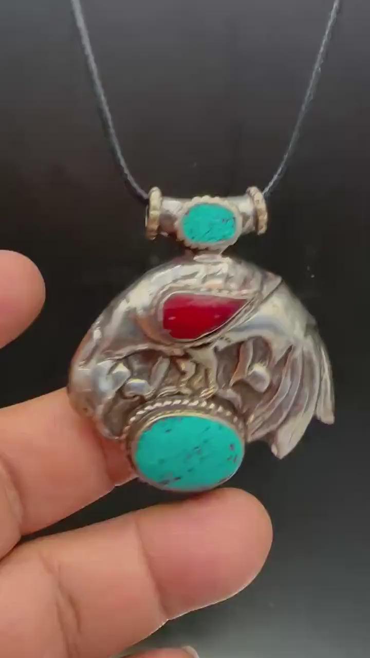 Bird pendant, inlaid turquoise and coral, master handcrafted with Tibetan silver