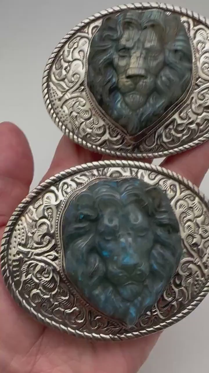 Large belt buckle, labradorite carved lion, handcrafted,Tibetan silver, symbol of strength, courage, leadership, and Protection,79mmX59mm