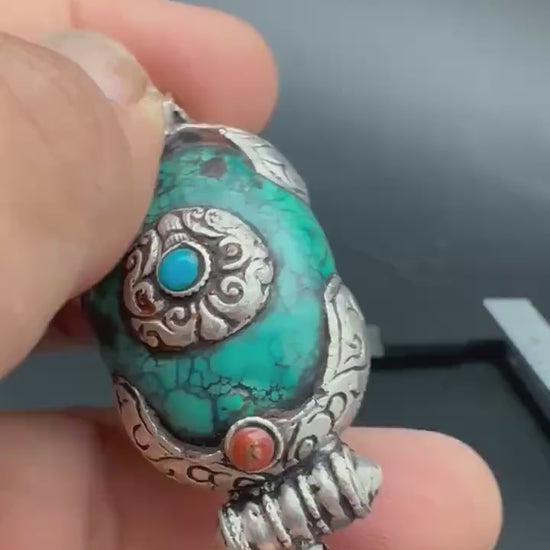 Vintage Tibetan Turquoise Pendant, Sterling Silver Gau Design