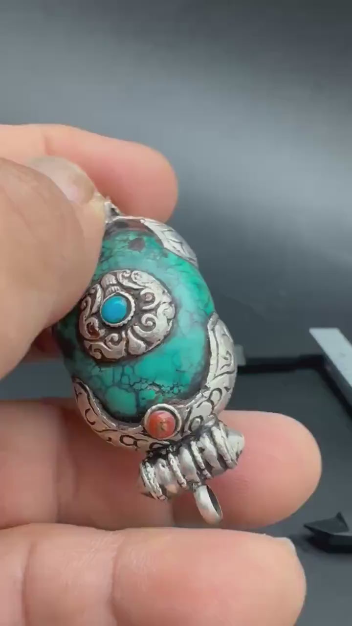 Vintage Tibetan Turquoise Pendant, Sterling Silver Gau Design
