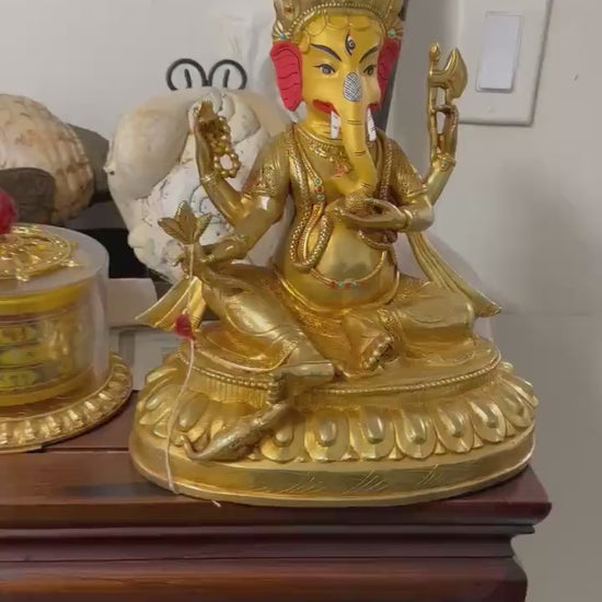 Handcrafted Gold Plated Lord Ganesh Statue with Turquoise and Coral Inlay