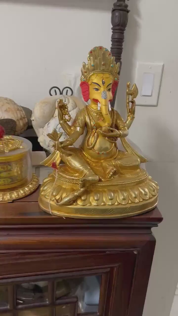 Handcrafted Gold Plated Lord Ganesh Statue with Turquoise and Coral Inlay