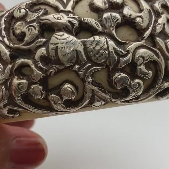 Bangle,bone carved, handcrafted,sterling silver,floral,bird,animal,ethnic style,