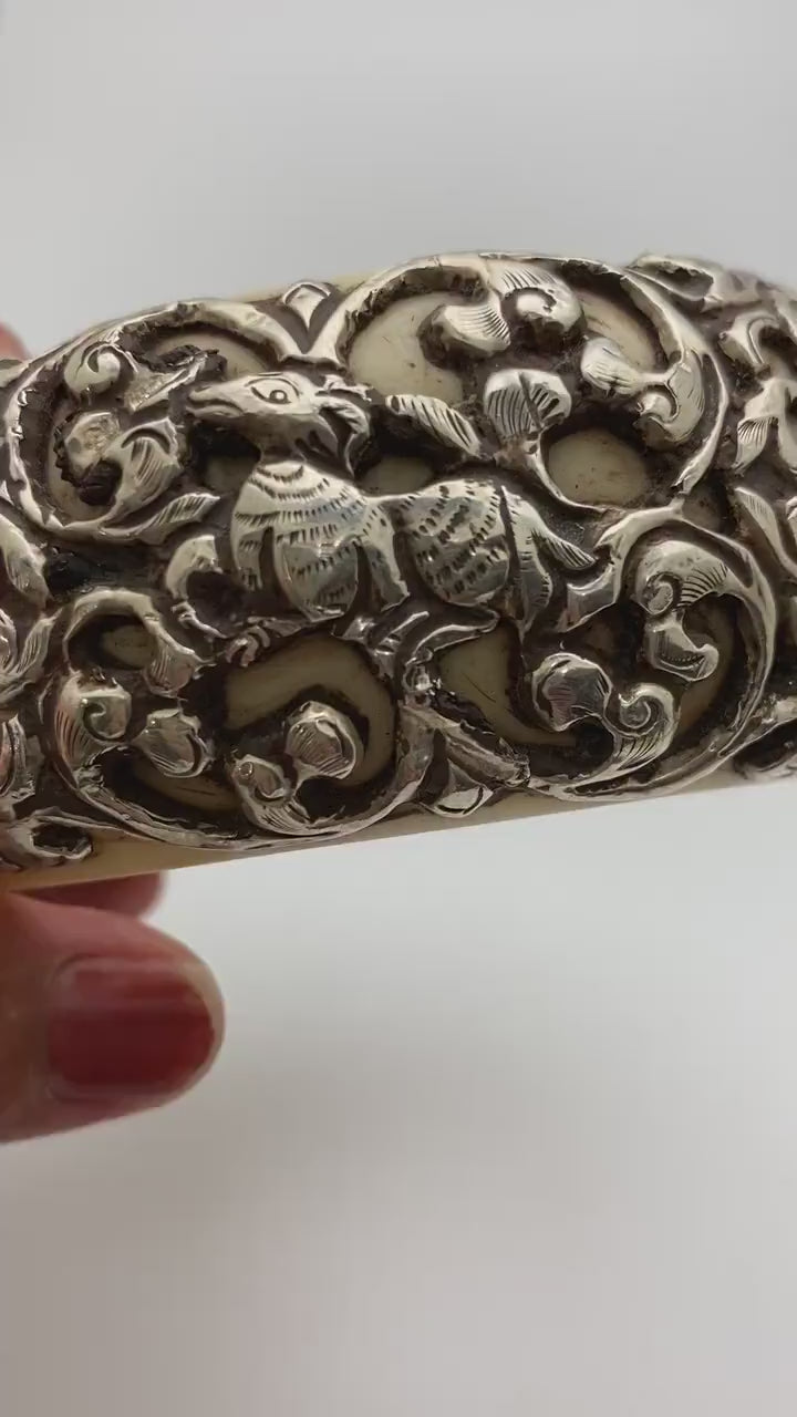 Bangle,bone carved, handcrafted,sterling silver,floral,bird,animal,ethnic style,
