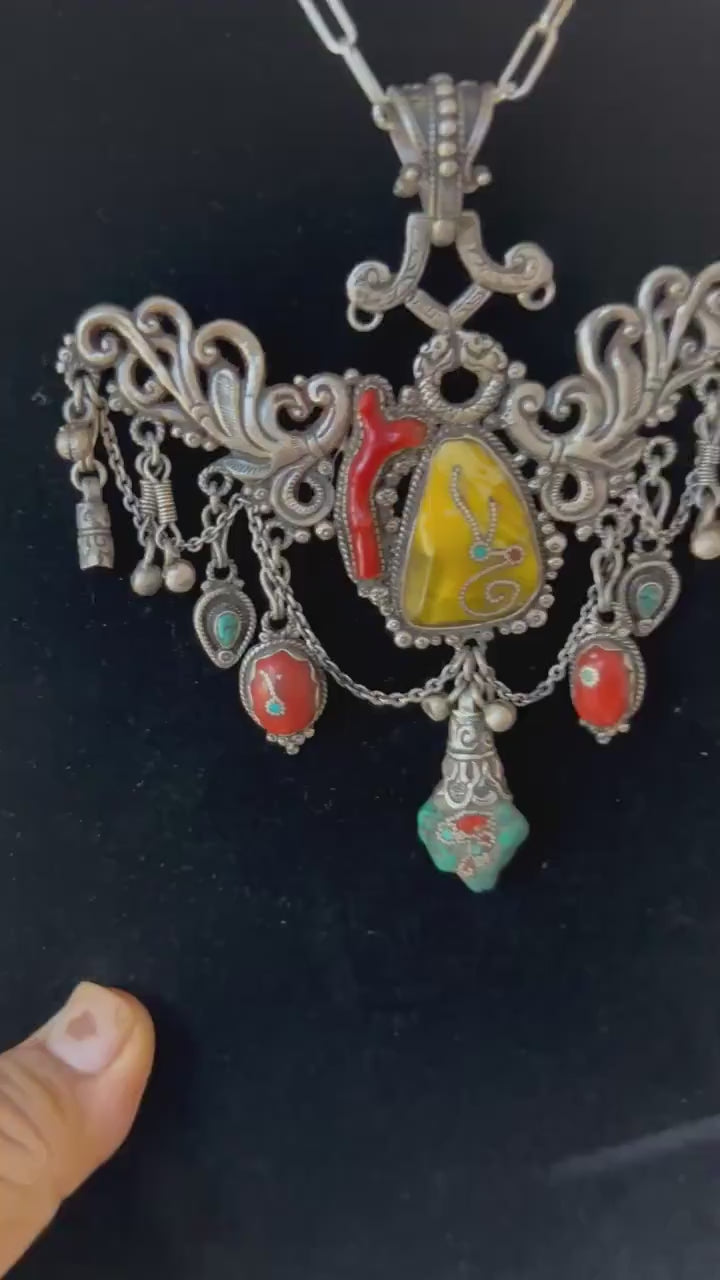 Tibetan necklace, ethnic jewelry, sterling silver, handmade necklace, vintage jewelry