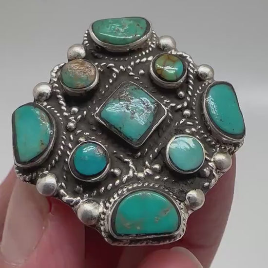 Turquoise ring, handcrafted, sterling silver, ethnic style, adjustable ,35.4mm X34.2mm