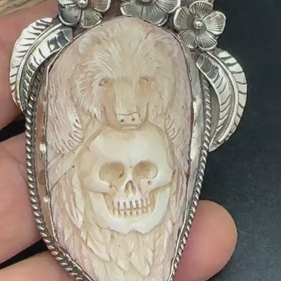 bear with skull pendant, handcrafted with Tibetan silver, native jewelry,