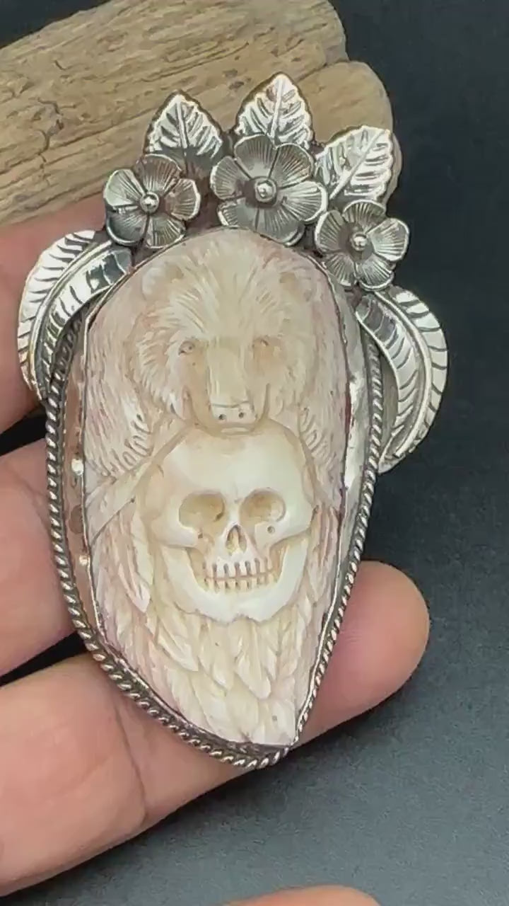 bear with skull pendant, handcrafted with Tibetan silver, native jewelry,