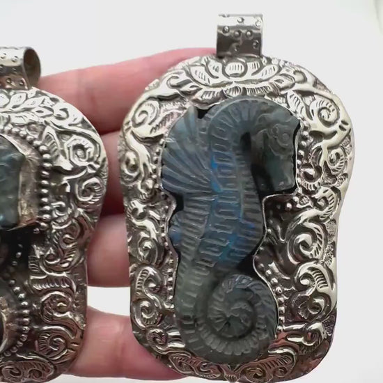 Large labradorite carved seahorse pendant, handcrafted,Tibetan silver,50mmX75mm
