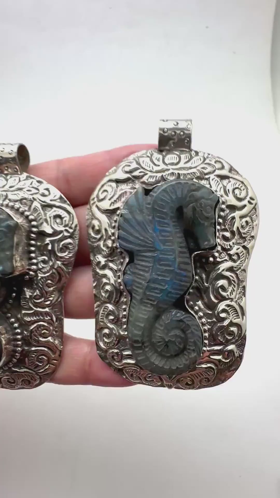 Large labradorite carved seahorse pendant, handcrafted,Tibetan silver,50mmX75mm